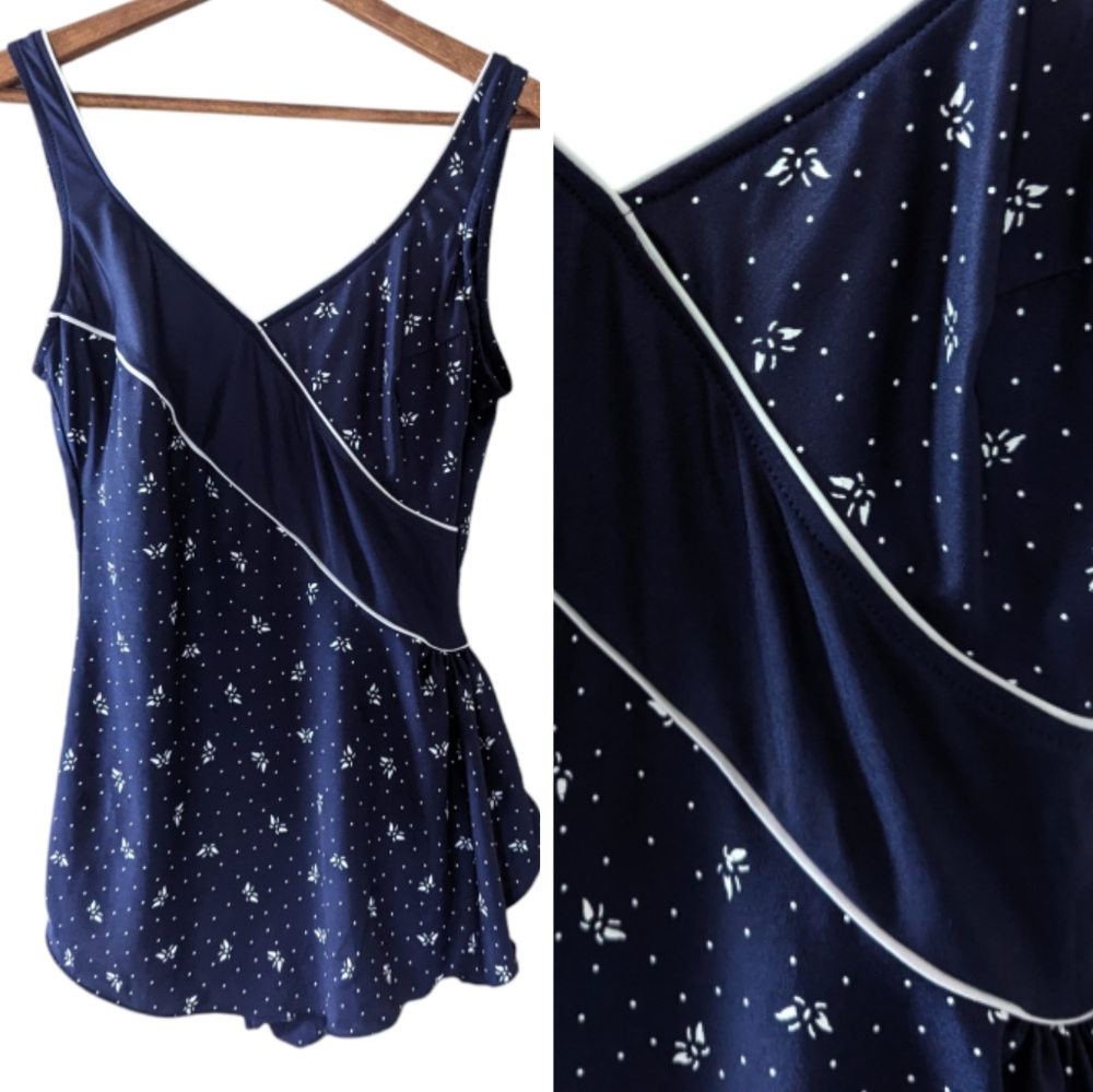 Vintage One Piece Navy Blue White Polka Dot Butterfly Swim Dress Coral Bay M